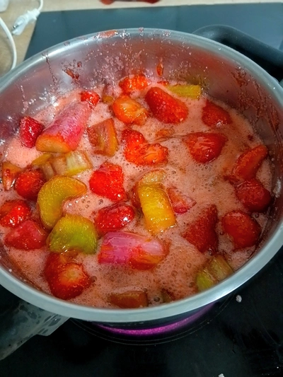 Topf mit kochenden Zutaten aus Gelierzucker, Rhabarber und Erdbeeren