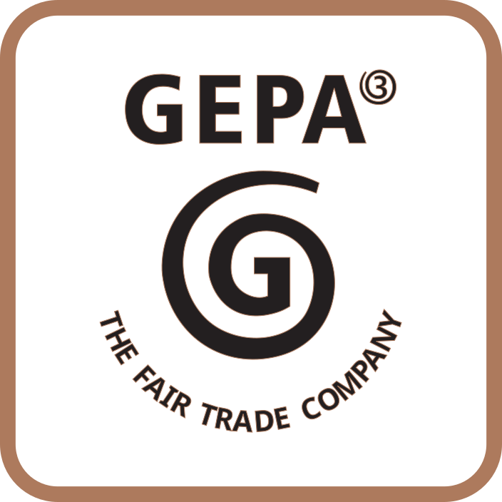 Logo Gepa bestehend aus einer Spirale die sich zu einem G formt und im Halbkreis the fair trade company steht